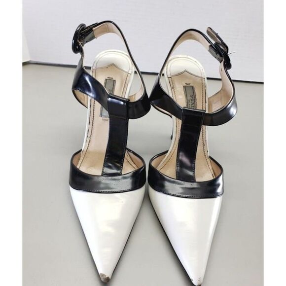 Prada Shoes - Women's Prada Black White Leather T-Strap Pumps Heels Sz. 35.5 (5) W/ COA
